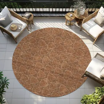 8' Orange And Ivory Round Geometric Washable Indoor Outdoor Area Rug
