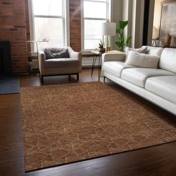 10' X 14' Orange And Ivory Geometric Washable Indoor Outdoor Area Rug