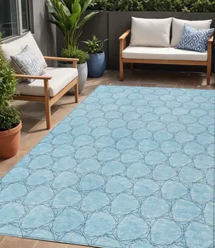 5' X 8' Sky Blue And Navy Blue Geometric Washable Indoor Outdoor Area Rug
