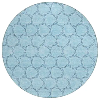 8' Sky Blue And Navy Blue Round Geometric Washable Indoor Outdoor Area Rug