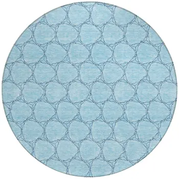 8' Sky Blue And Navy Blue Round Geometric Washable Indoor Outdoor Area Rug