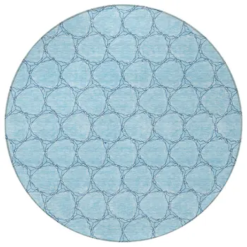8' Sky Blue And Navy Blue Round Geometric Washable Indoor Outdoor Area Rug