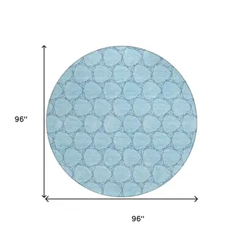 8' Sky Blue And Navy Blue Round Geometric Washable Indoor Outdoor Area Rug
