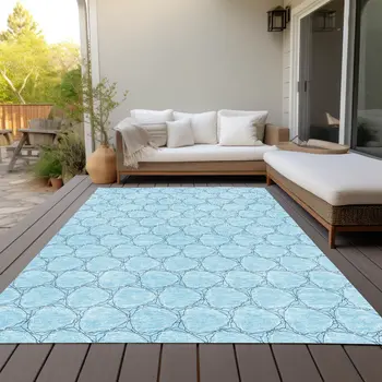 8' X 10' Sky Blue And Navy Blue Geometric Washable Indoor Outdoor Area Rug