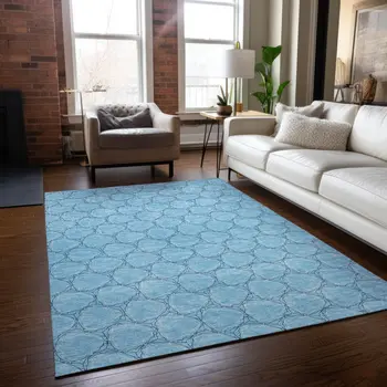 9' X 12' Sky Blue And Navy Blue Geometric Washable Indoor Outdoor Area Rug