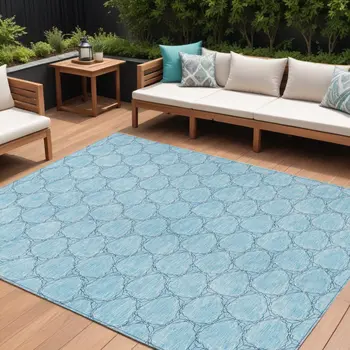10' X 14' Sky Blue And Navy Blue Geometric Washable Indoor Outdoor Area Rug