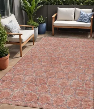 5' X 8' Salmon And Blue Geometric Washable Indoor Outdoor Area Rug