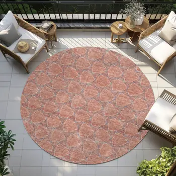 8' Salmon And Blue Round Geometric Washable Indoor Outdoor Area Rug