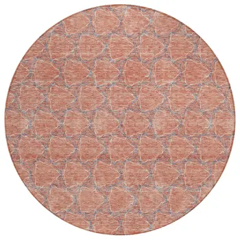 8' Salmon And Blue Round Geometric Washable Indoor Outdoor Area Rug