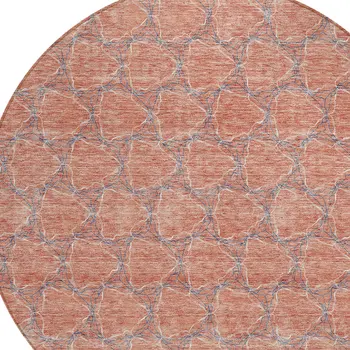 8' Salmon And Blue Round Geometric Washable Indoor Outdoor Area Rug