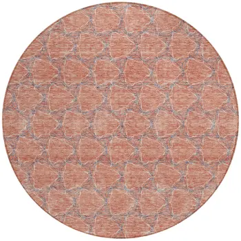8' Salmon And Blue Round Geometric Washable Indoor Outdoor Area Rug