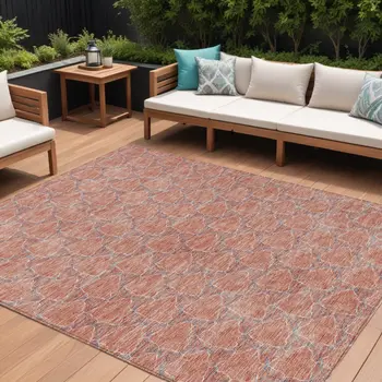 9' X 12' Salmon And Blue Geometric Washable Indoor Outdoor Area Rug