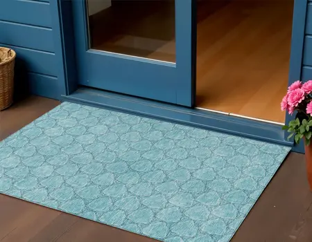 3' X 5' Teal Blue And Navy Blue Geometric Washable Indoor Outdoor Area Rug