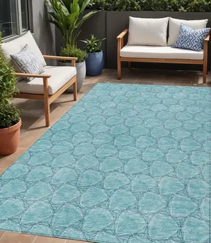 5' X 8' Teal Blue And Navy Blue Geometric Washable Indoor Outdoor Area Rug