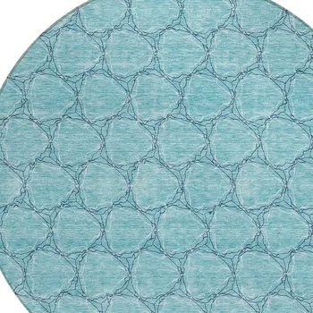 8' Teal Blue And Navy Blue Round Geometric Washable Indoor Outdoor Area Rug