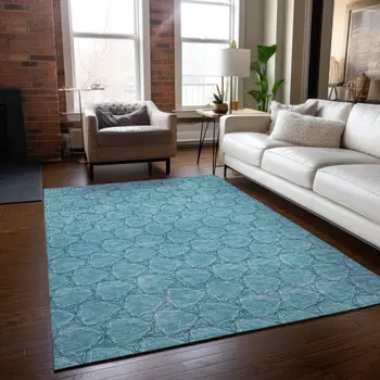 8' X 10' Teal Blue And Navy Blue Geometric Washable Indoor Outdoor Area Rug