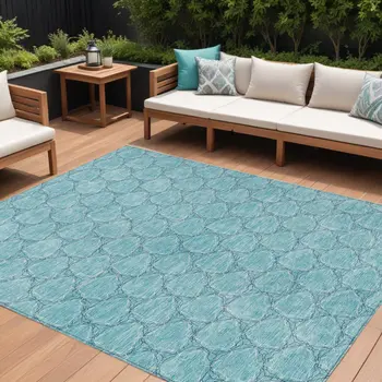 9' X 12' Teal Blue And Navy Blue Geometric Washable Indoor Outdoor Area Rug