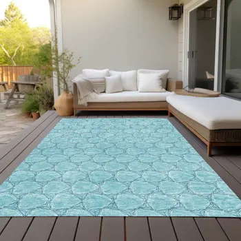 9' X 12' Teal Blue And Navy Blue Geometric Washable Indoor Outdoor Area Rug