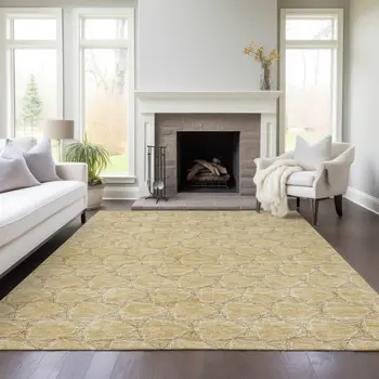 3' X 5' Wheat And Gray Geometric Washable Indoor Outdoor Area Rug