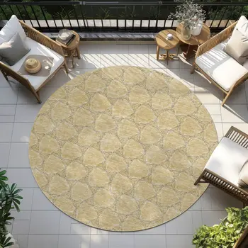 8' Wheat And Gray Round Geometric Washable Indoor Outdoor Area Rug