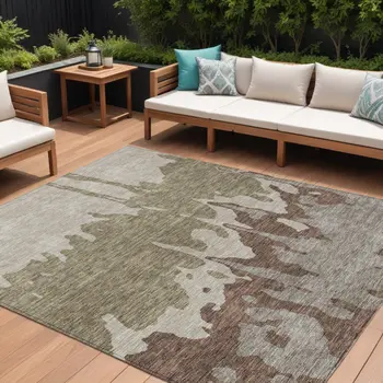 9' X 12' Beige And Taupe Abstract Washable Indoor Outdoor Area Rug