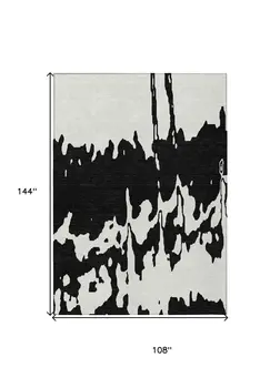 9' X 12' Black And Ivory Abstract Washable Indoor Outdoor Area Rug