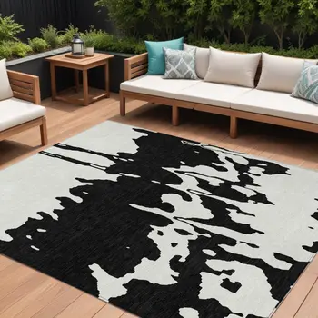 10' X 14' Black And Ivory Abstract Washable Indoor Outdoor Area Rug