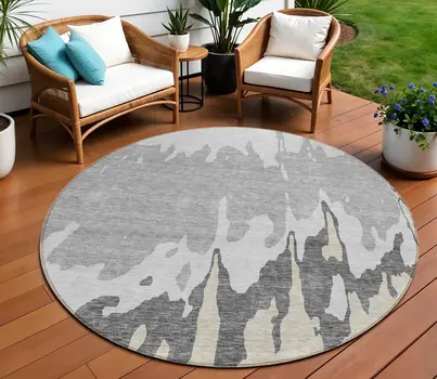 8' Gray And Silver Round Abstract Washable Indoor Outdoor Area Rug