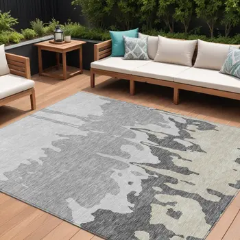 10' X 14' Gray And Silver Abstract Washable Indoor Outdoor Area Rug