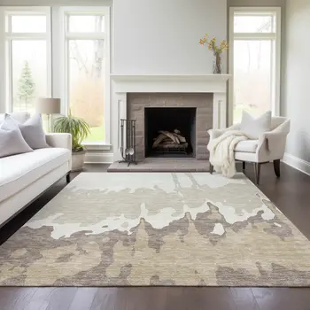 5' X 8' Ivory And Beige Abstract Washable Indoor Outdoor Area Rug