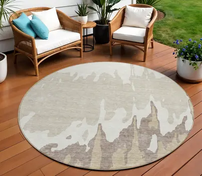 8' Ivory And Beige Round Abstract Washable Indoor Outdoor Area Rug