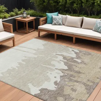 10' X 14' Ivory And Beige Abstract Washable Indoor Outdoor Area Rug