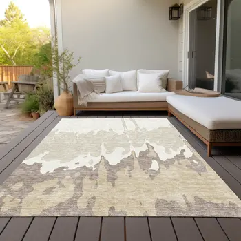 10' X 14' Ivory And Beige Abstract Washable Indoor Outdoor Area Rug