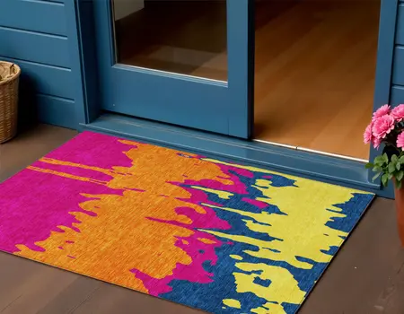 3' X 5' Pink Orange And Blue Abstract Washable Indoor Outdoor Area Rug
