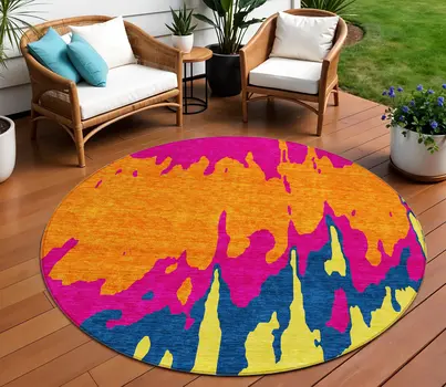 8' Pink Orange And Blue Round Abstract Washable Indoor Outdoor Area Rug