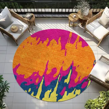 8' Pink Orange And Blue Round Abstract Washable Indoor Outdoor Area Rug