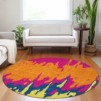 8' Pink Orange And Blue Round Abstract Washable Indoor Outdoor Area Rug