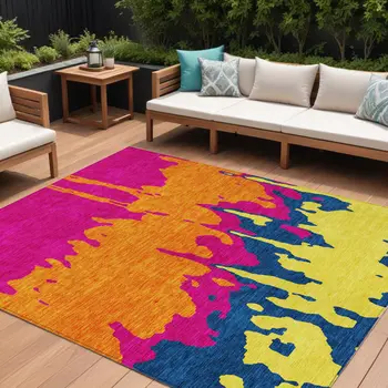 8' X 10' Pink Orange And Blue Abstract Washable Indoor Outdoor Area Rug