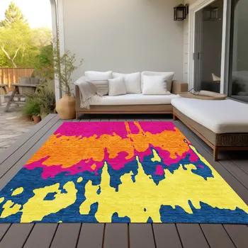 9' X 12' Pink Orange And Blue Abstract Washable Indoor Outdoor Area Rug