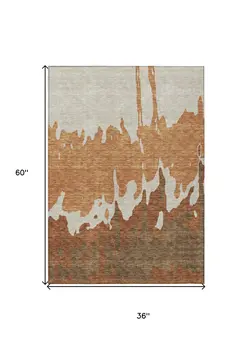 3' X 5' Orange And Brown Abstract Washable Indoor Outdoor Area Rug