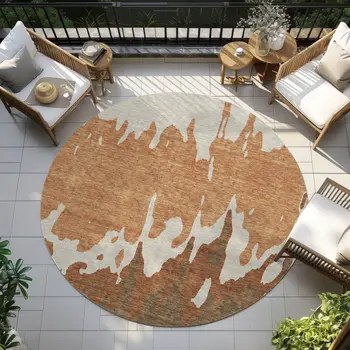 8' Orange And Brown Round Abstract Washable Indoor Outdoor Area Rug