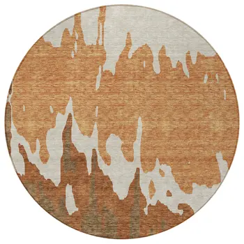 8' Orange And Brown Round Abstract Washable Indoor Outdoor Area Rug