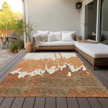 9' X 12' Orange And Brown Abstract Washable Indoor Outdoor Area Rug