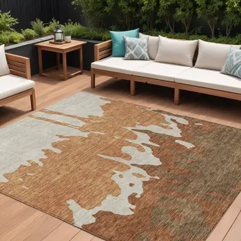10' X 14' Orange And Brown Abstract Washable Indoor Outdoor Area Rug