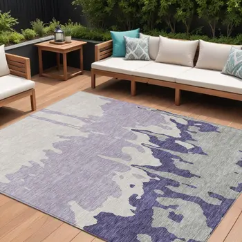 10' X 14' Purple And Ivory Abstract Washable Indoor Outdoor Area Rug