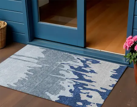 3' X 5' Sky Blue And Denim Blue Abstract Washable Indoor Outdoor Area Rug