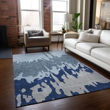 5' X 8' Sky Blue And Denim Blue Abstract Washable Indoor Outdoor Area Rug
