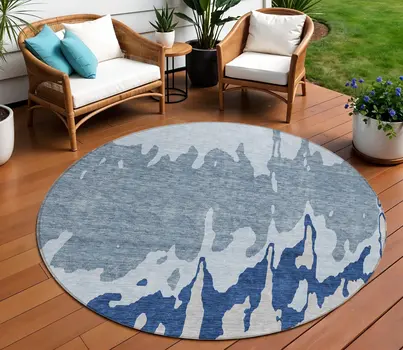 8' Sky Blue And Denim Blue Round Abstract Washable Indoor Outdoor Area Rug