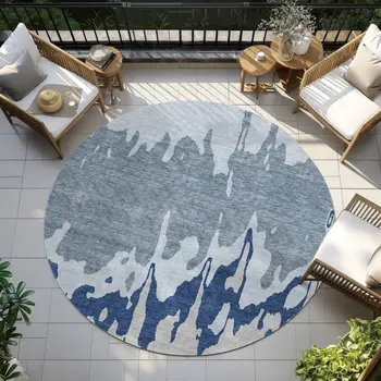 8' Sky Blue And Denim Blue Round Abstract Washable Indoor Outdoor Area Rug