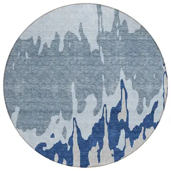 8' Sky Blue And Denim Blue Round Abstract Washable Indoor Outdoor Area Rug